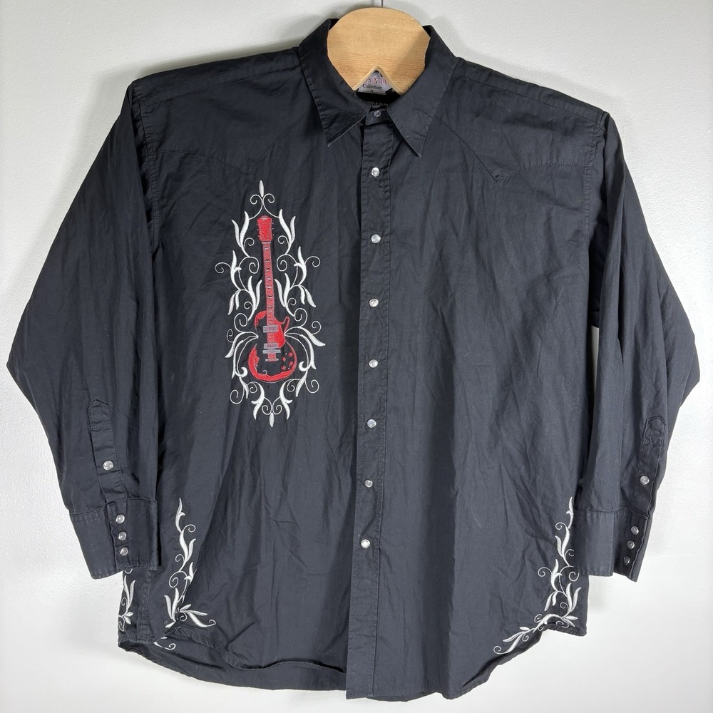 Panhandle Slim Brooks & Dunn Men's 2XL Black Pearl Snap Guitar Embroidered Shirt